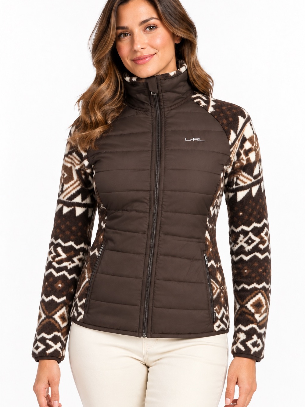 Lauren Ralph Lauren Active Aztec Fleece Puffer Jacket Brown Petite PS Full Zip